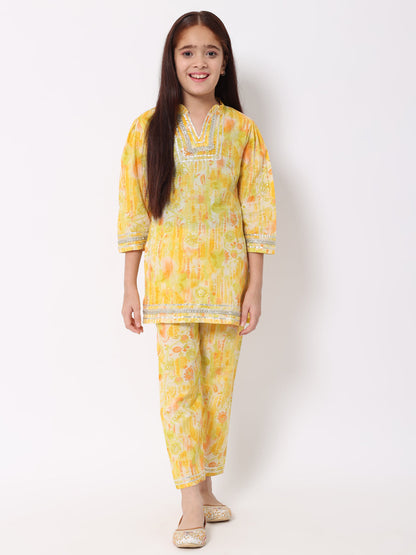 Straight Style Cotton Fabric Yellow Color Printed Kurti And Bottom With Gota Work