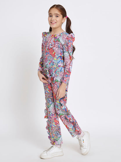 Girls Straight Style Crepe Fabric Multi Color Printed Top With Palazzo