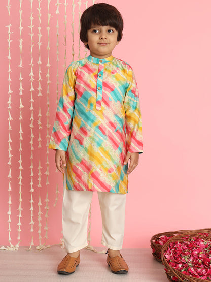 Boys Straight Style Silk Fabric Yellow Color Leheriya Kurta And Cream Pyjama