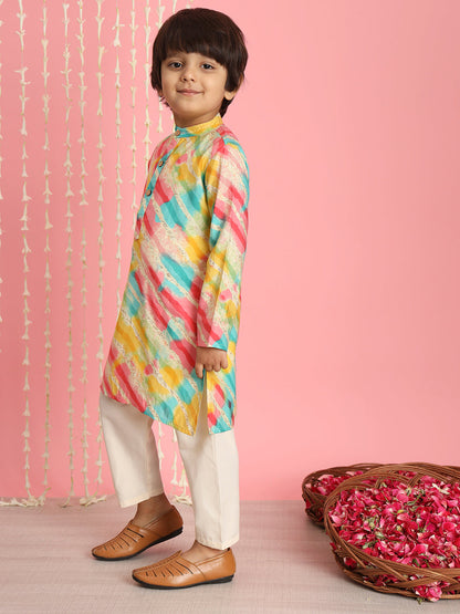 Boys Straight Style Silk Fabric Yellow Color Leheriya Kurta And Cream Pyjama