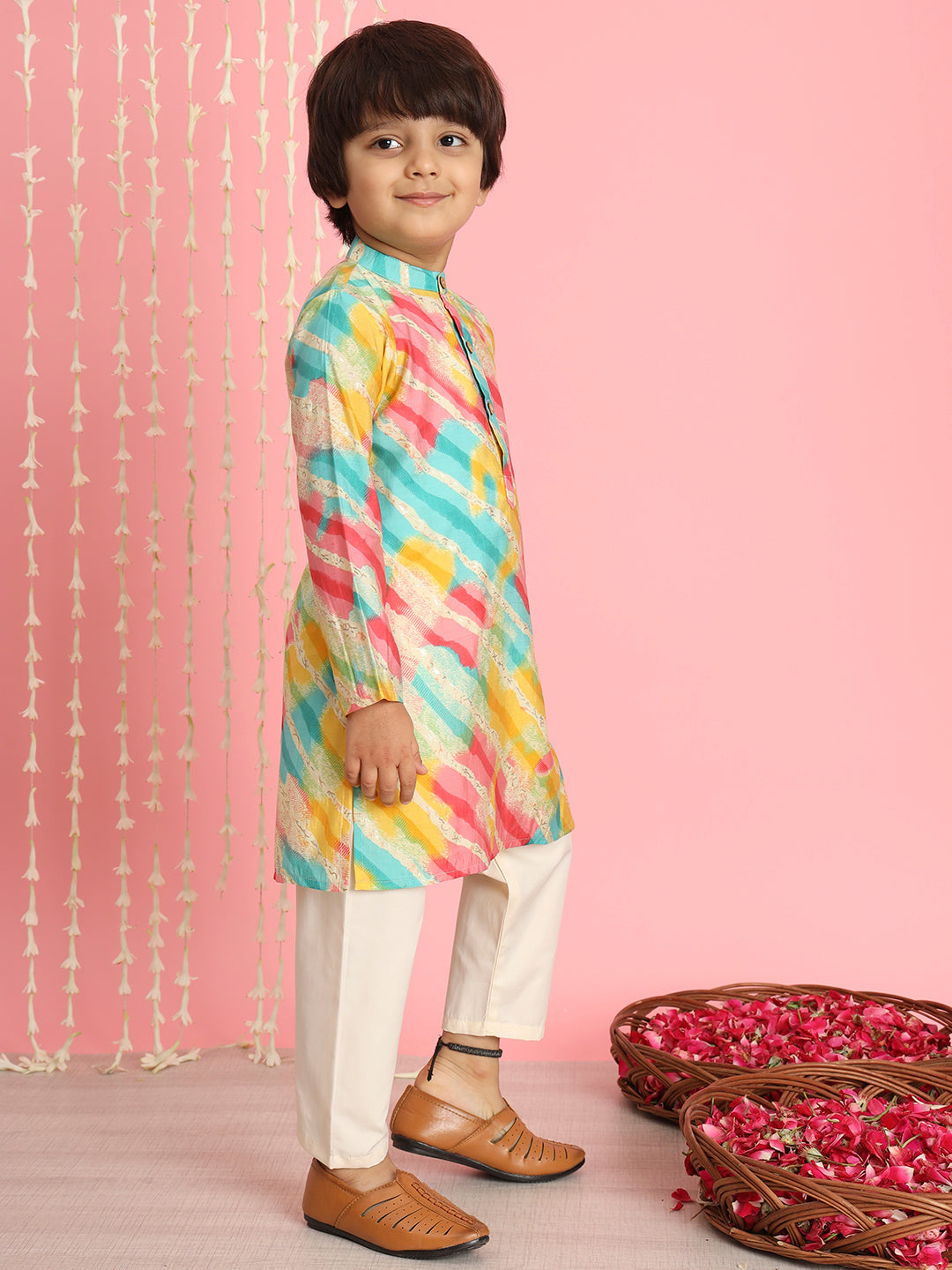 Boys Straight Style Silk Fabric Yellow Color Leheriya Kurta And Cream Pyjama