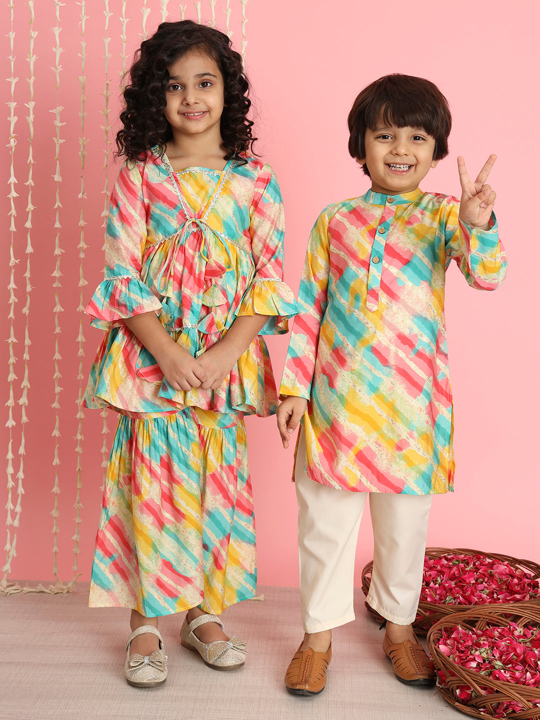 Boys Straight Style Silk Fabric Yellow Color Leheriya Kurta And Cream Pyjama