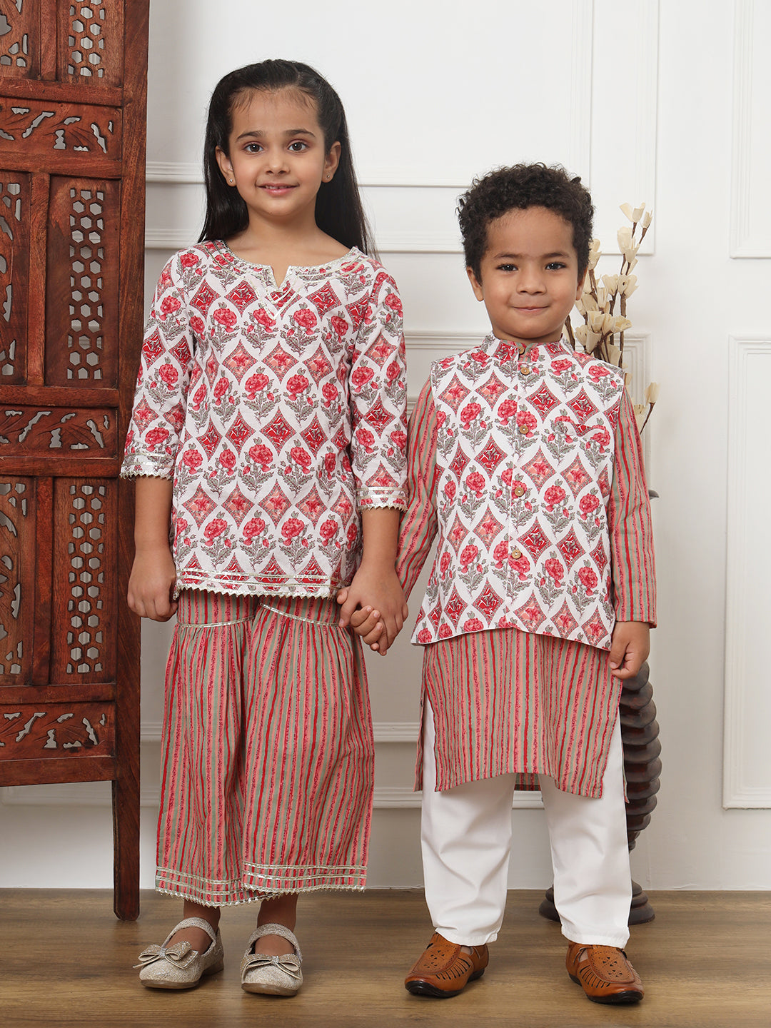 Boys Straight Style Cotton Fabric Red Color Floral Printed Kurta And White Color Pyjama With Nehru Jacket