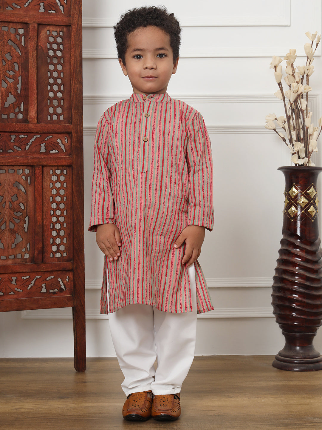 Boys Straight Style Cotton Fabric Red Color Floral Printed Kurta And White Color Pyjama With Nehru Jacket