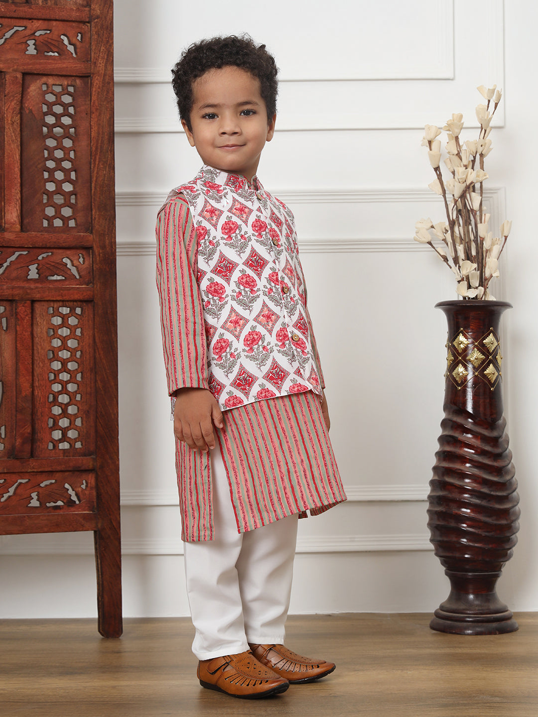 Boys Straight Style Cotton Fabric Red Color Floral Printed Kurta And White Color Pyjama With Nehru Jacket