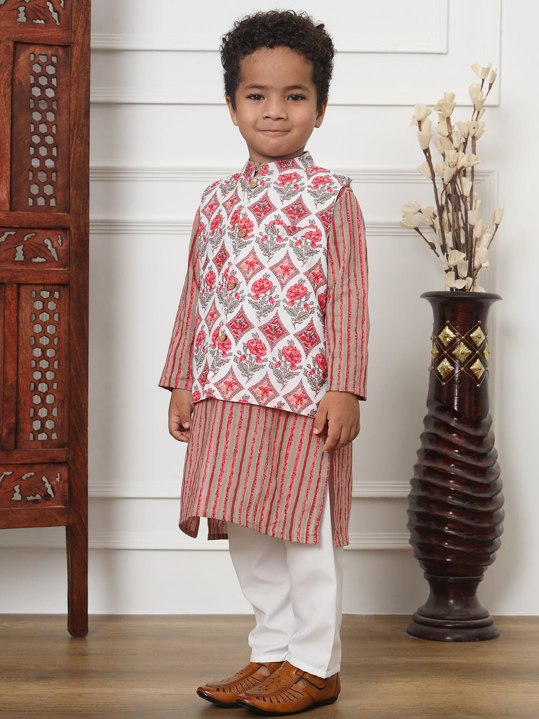 Boys Straight Style Cotton Fabric Red Color Floral Printed Kurta And White Color Pyjama With Nehru Jacket