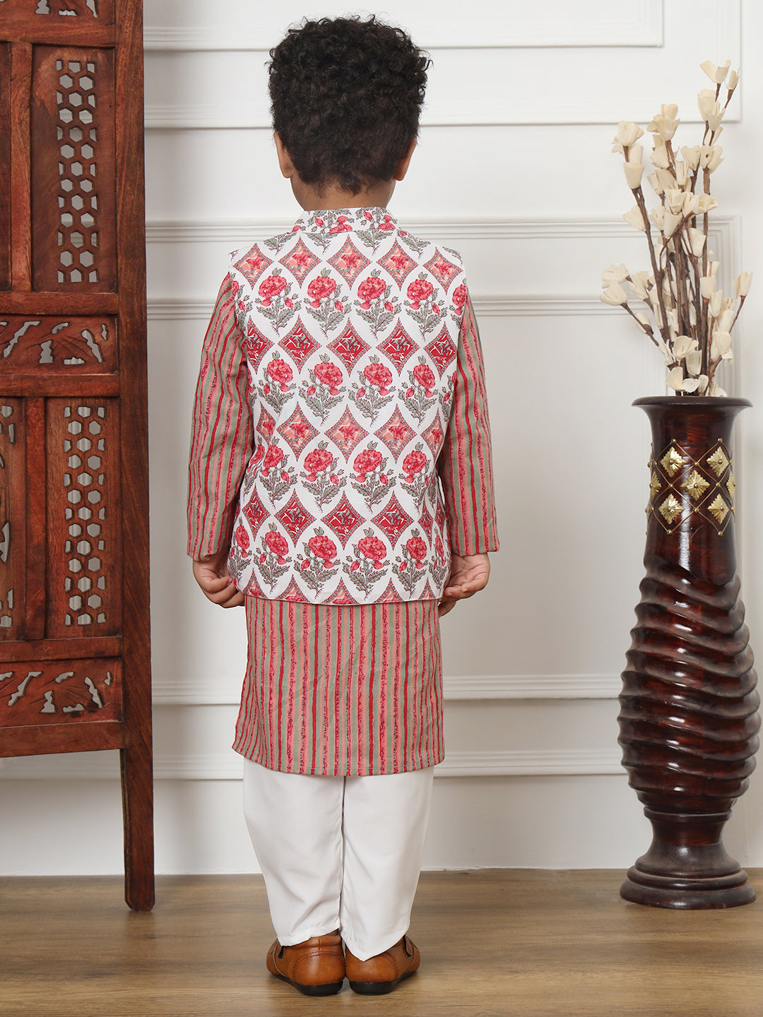 Boys Straight Style Cotton Fabric Red Color Floral Printed Kurta And White Color Pyjama With Nehru Jacket