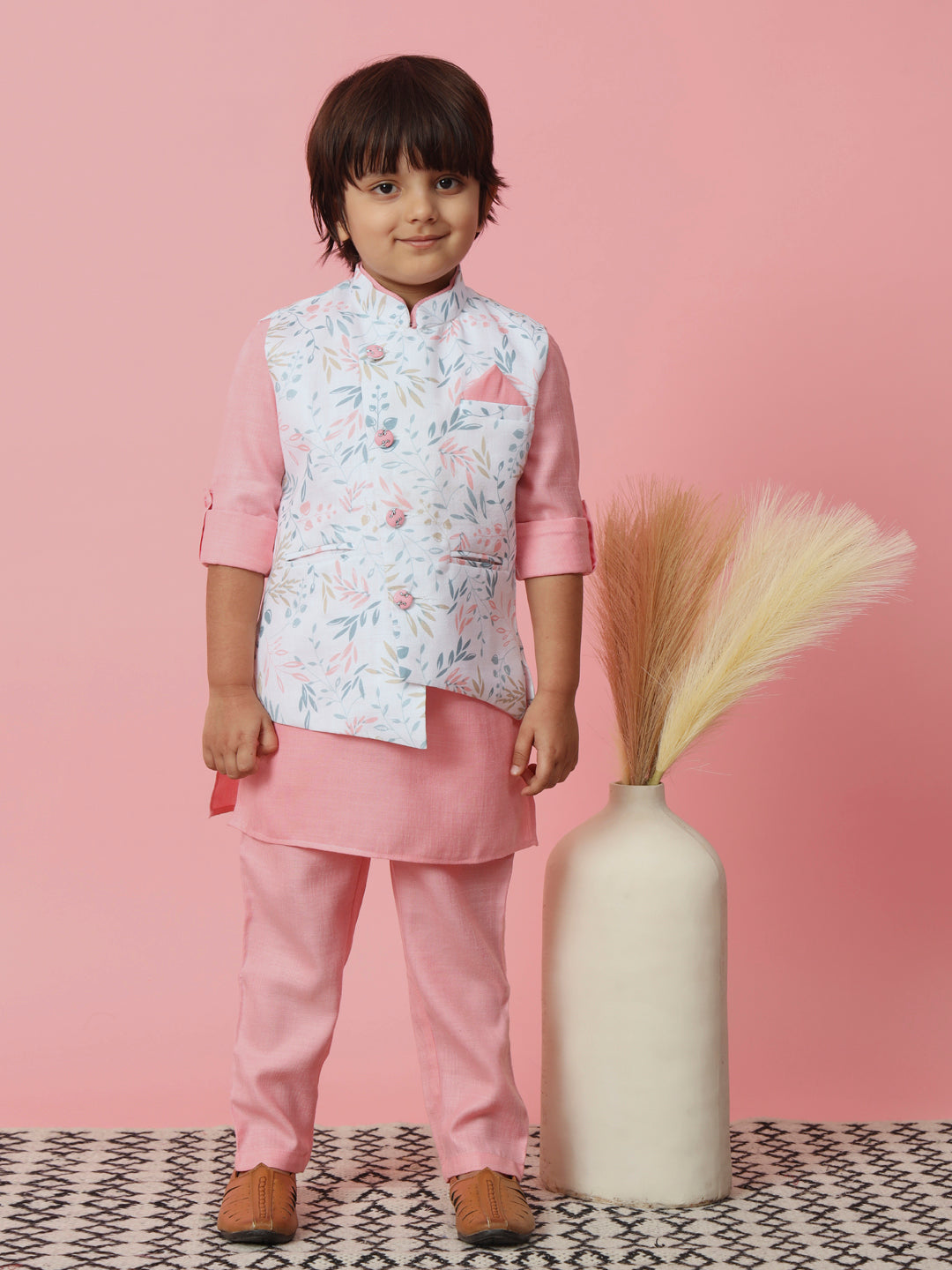 Boys Straight Style Cotton Fabric Pink Color Kurta With Trouser And Floral Printed White Jacket