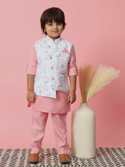 Boys Straight Style Cotton Fabric Pink Color Kurta With Trouser And Floral Printed White Jacket