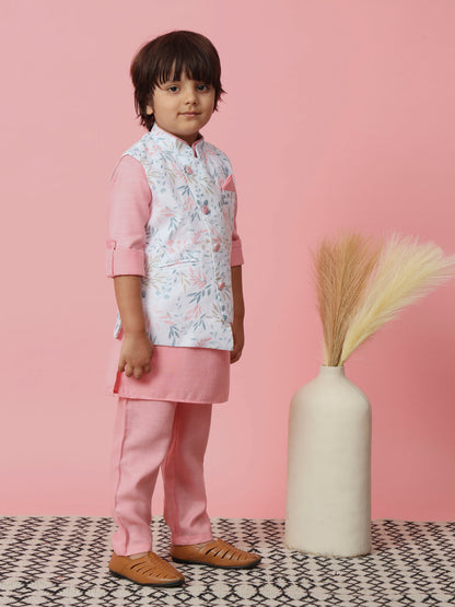 Boys Straight Style Cotton Fabric Pink Color Kurta With Trouser And Floral Printed White Jacket