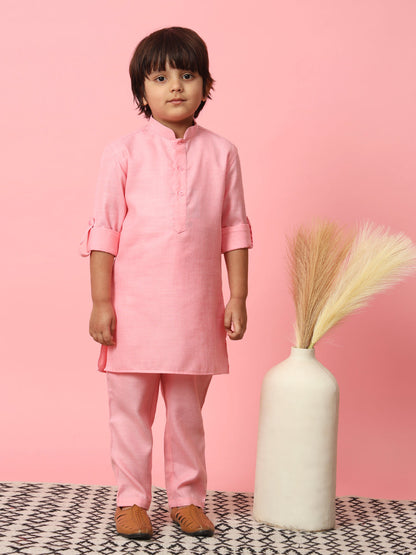 Boys Straight Style Cotton Fabric Pink Color Kurta With Trouser And Floral Printed White Jacket