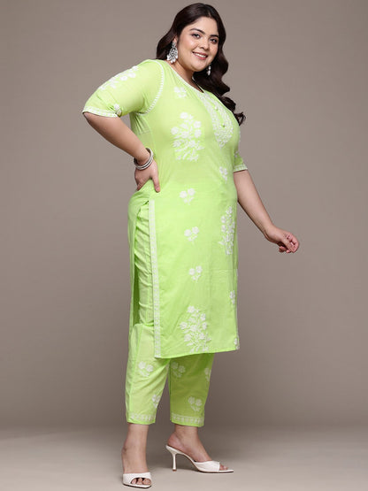 Straight Style Cotton Fabric Green Color Kurta With Bottom