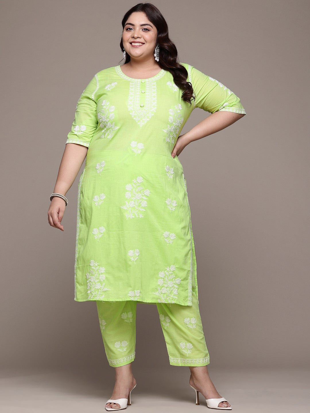 Straight Style Cotton Fabric Green Color Kurta With Bottom