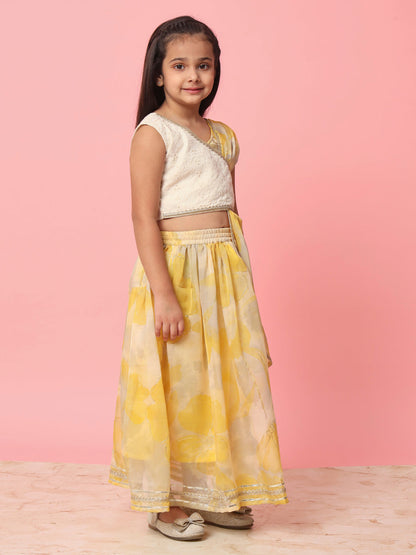 Straight Style Organza Fabric Yellow Color Floral Printed Lehenga Choli With Gotta Lace Work