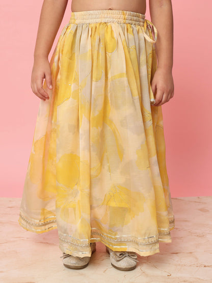 Straight Style Organza Fabric Yellow Color Floral Printed Lehenga Choli With Gotta Lace Work