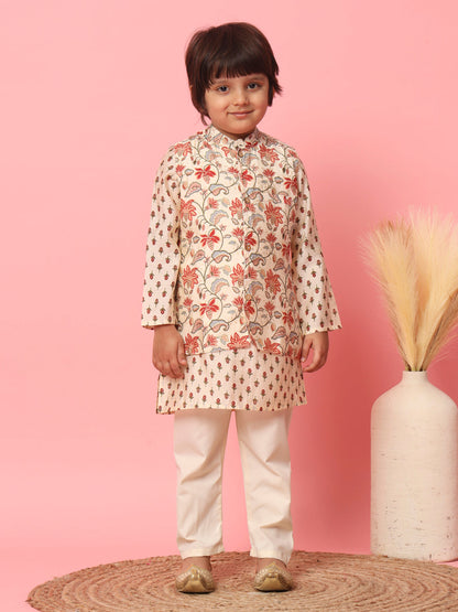 Boys Straight Style Cotton Fabric Cream Color Floral Printed Kurta With Pyjama And Nehru Jacket