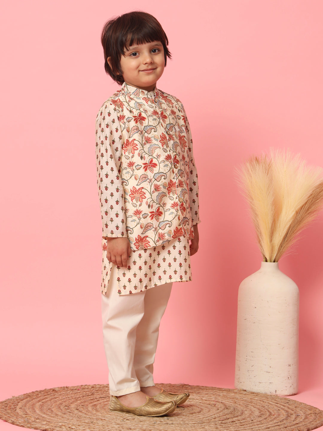 Boys Straight Style Cotton Fabric Cream Color Floral Printed Kurta With Pyjama And Nehru Jacket