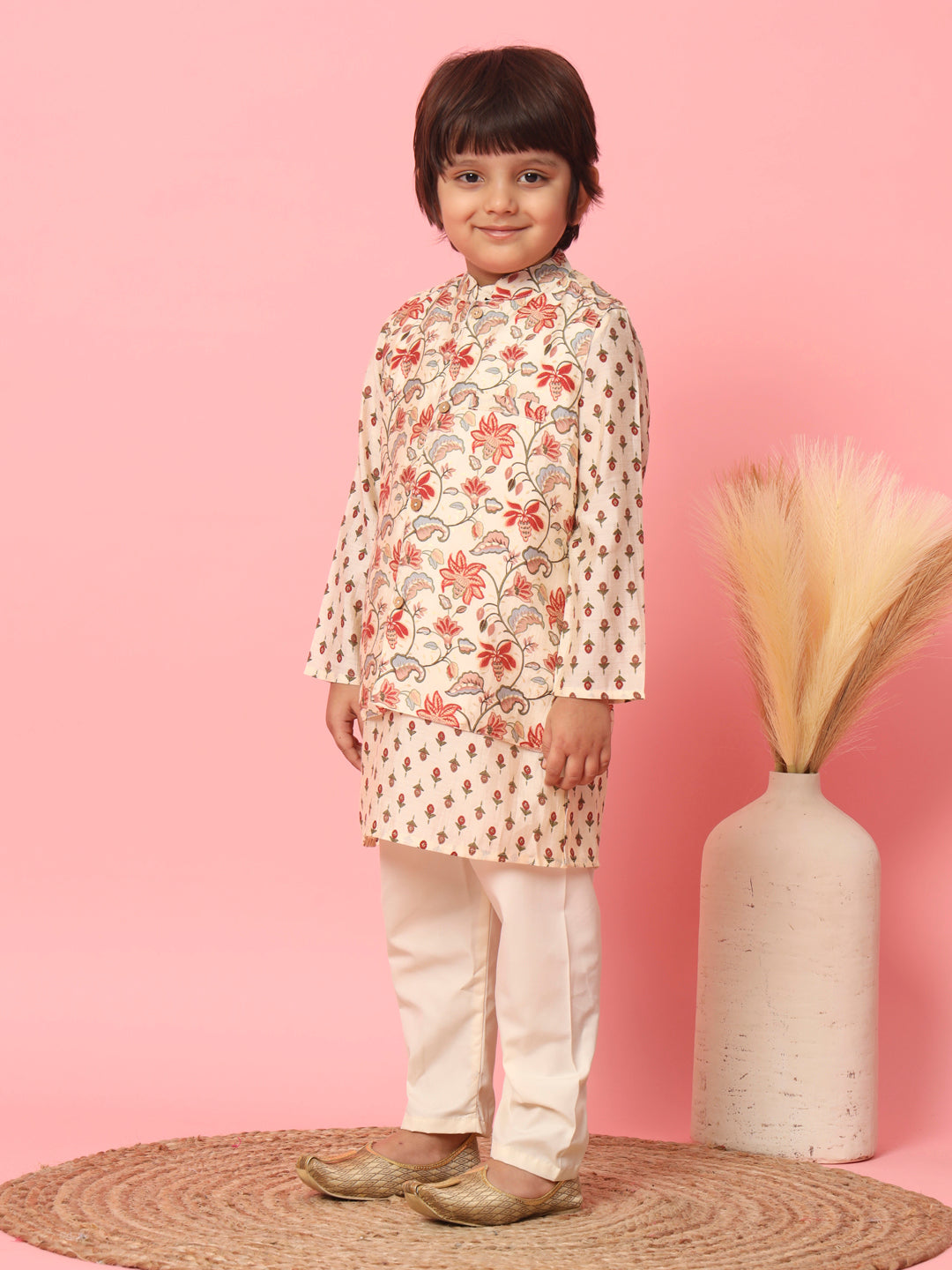 Boys Straight Style Cotton Fabric Cream Color Floral Printed Kurta With Pyjama And Nehru Jacket