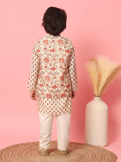 Boys Straight Style Cotton Fabric Cream Color Floral Printed Kurta With Pyjama And Nehru Jacket