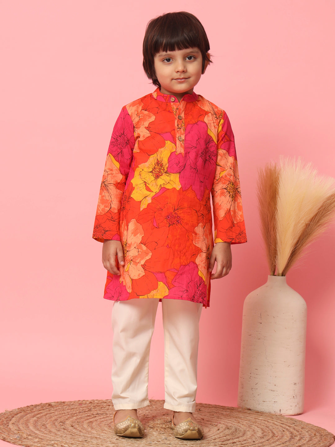 Boys Straight Style Cotton Fabric Orange Color Floral Printed Kurta With Pyjama