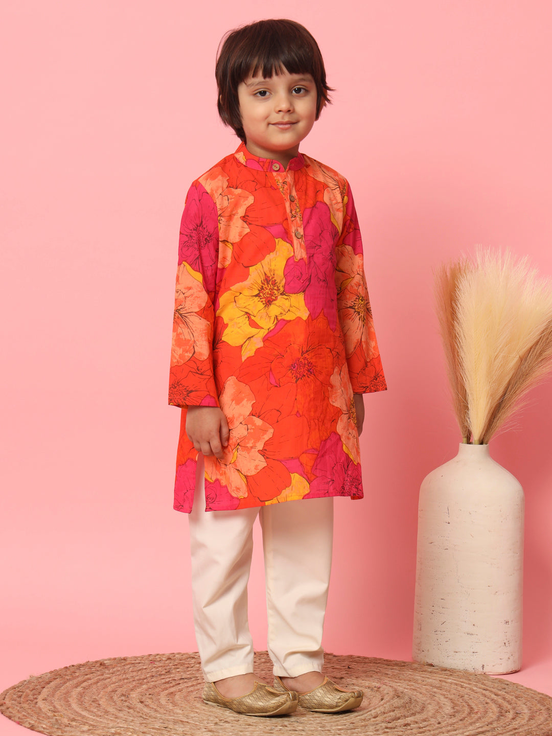 Boys Straight Style Cotton Fabric Orange Color Floral Printed Kurta With Pyjama