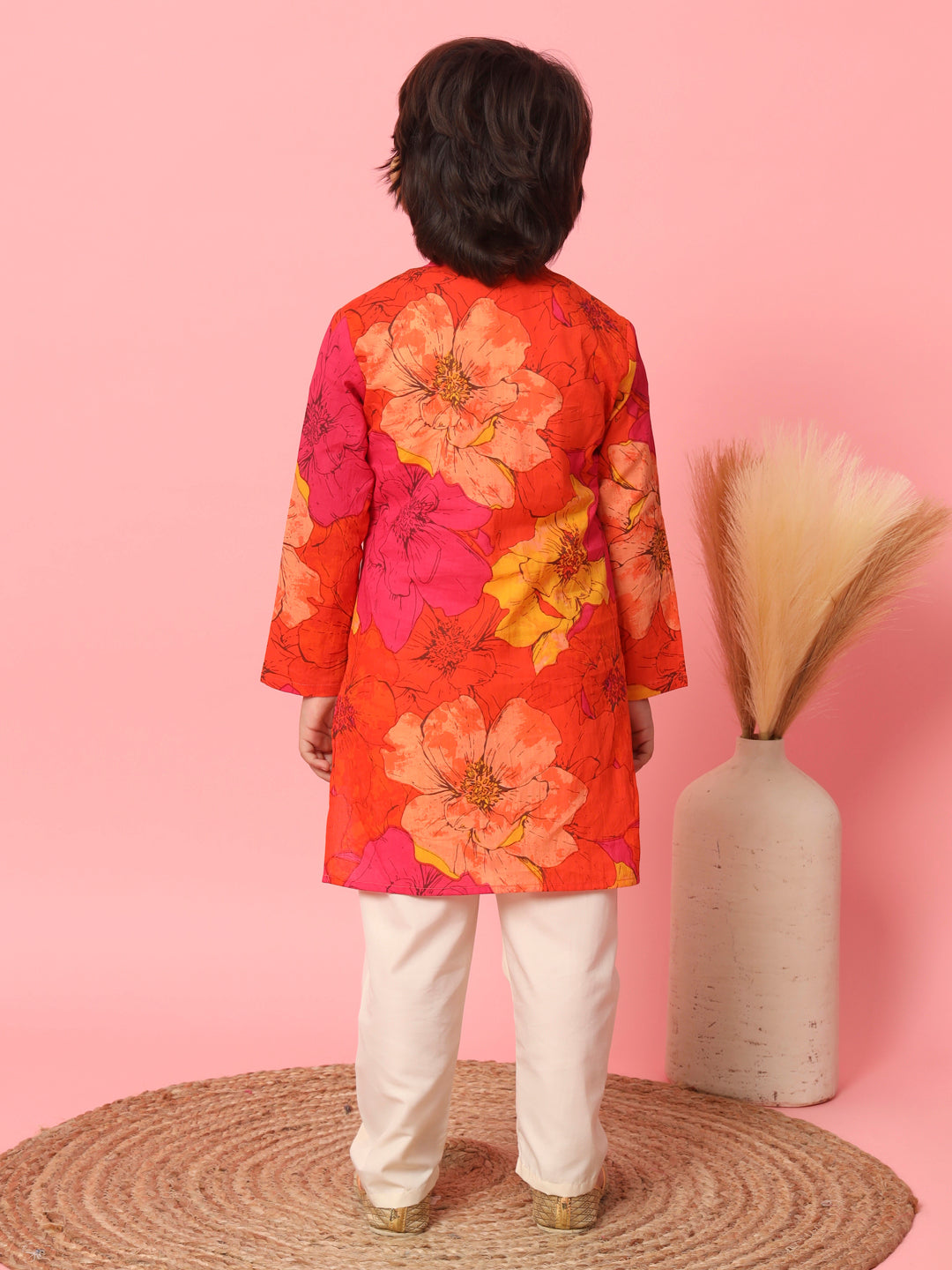 Boys Straight Style Cotton Fabric Orange Color Floral Printed Kurta With Pyjama