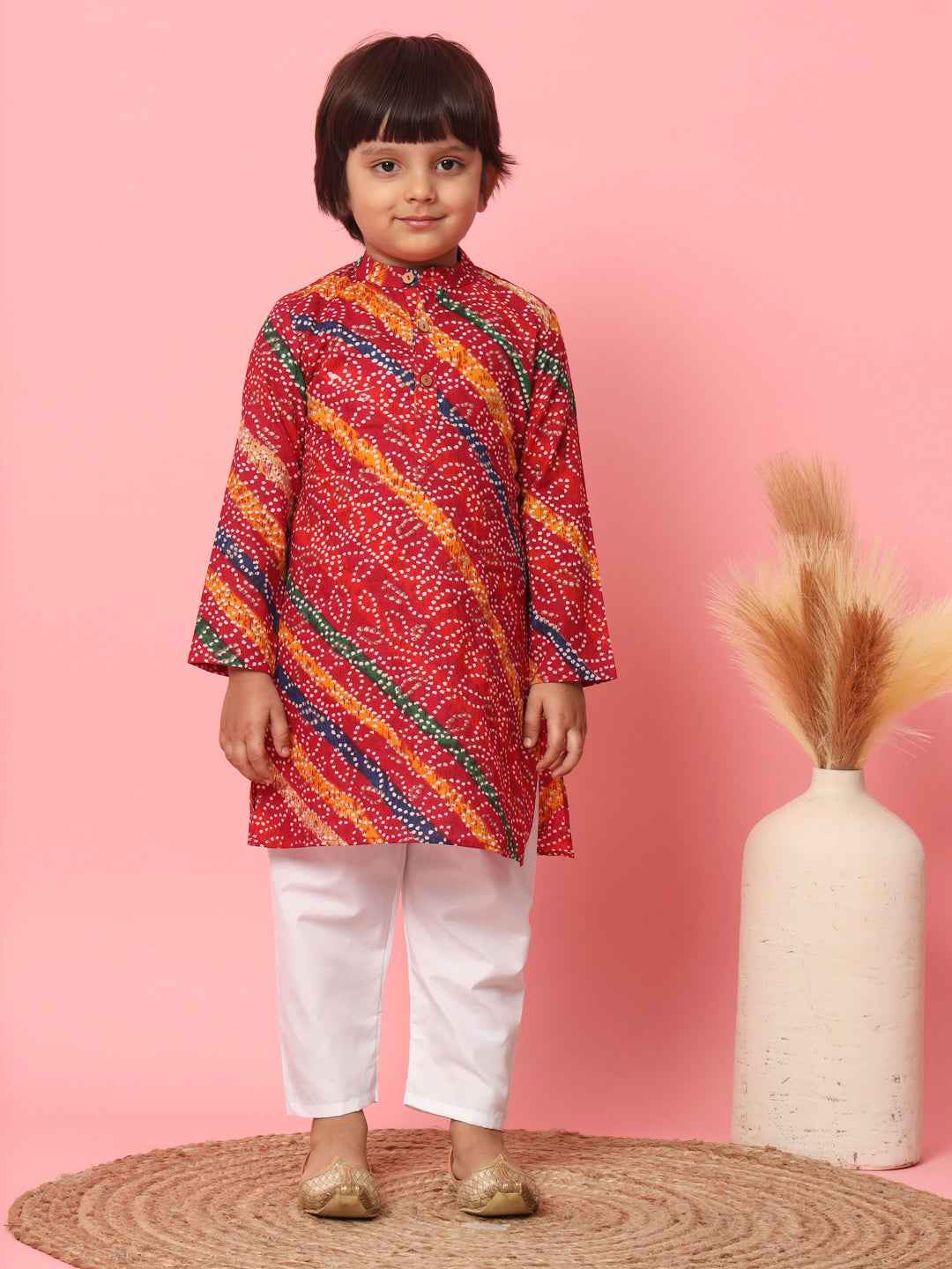 Boys Straight Style Cotton Fabric Maroon Color Bandhani Printed Kurta With Pyjama