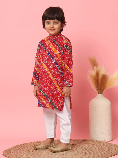 Boys Straight Style Cotton Fabric Maroon Color Bandhani Printed Kurta With Pyjama