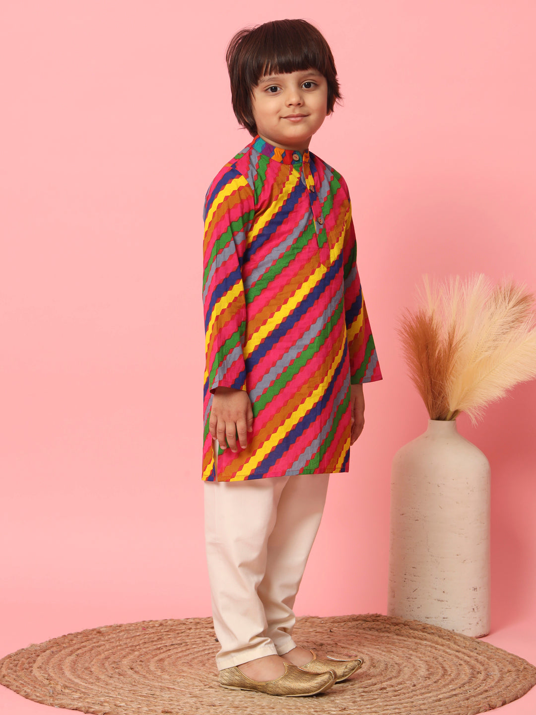 Boys Straight Style Cotton Fabric Multi Color Bandhani Printed Kurta With Pyjama