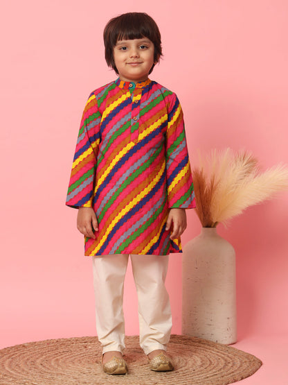 Boys Straight Style Cotton Fabric Multi Color Bandhani Printed Kurta With Pyjama