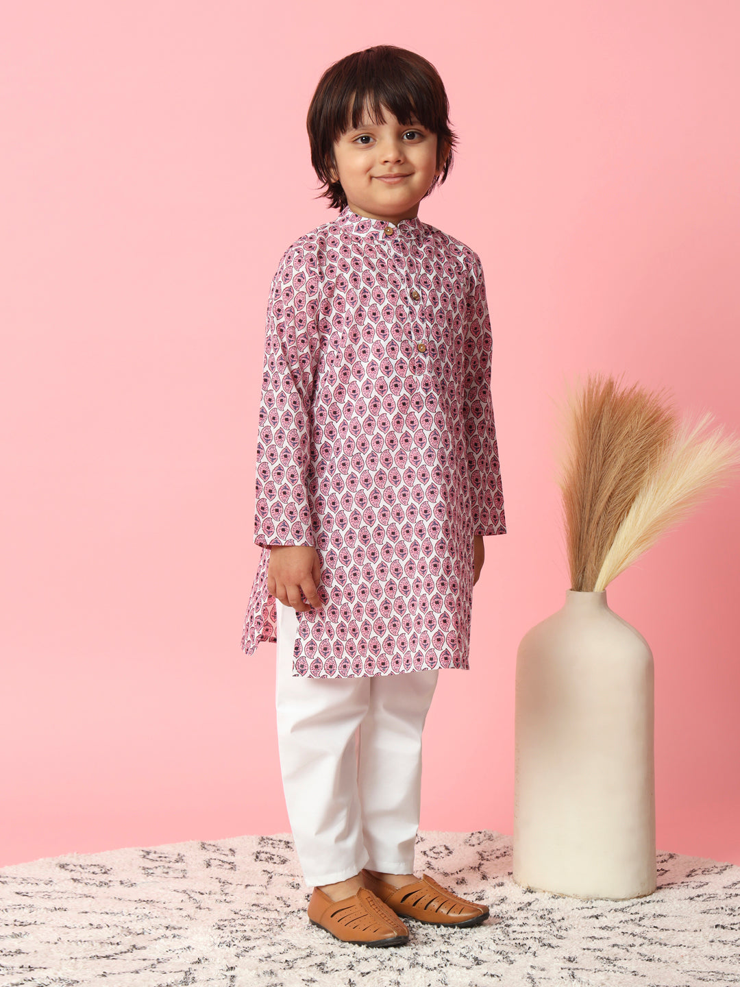 Boys Straight Style Cotton Fabric Pink And White Color Leaves Printed Kurta And Pyjama