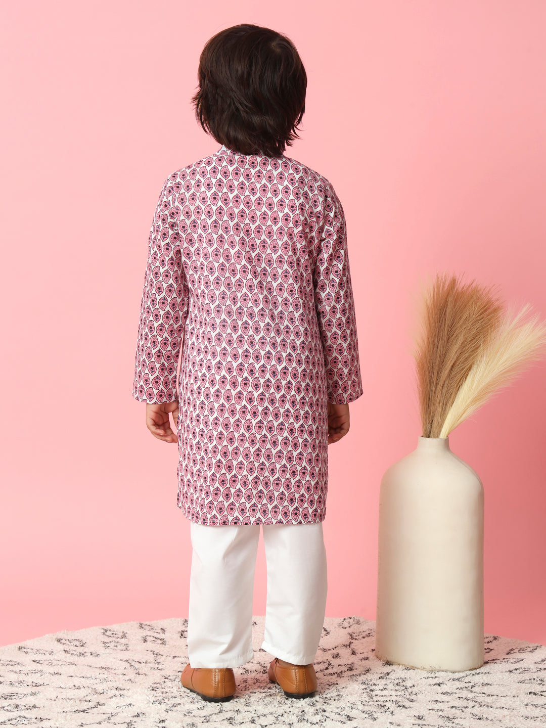 Boys Straight Style Cotton Fabric Pink And White Color Leaves Printed Kurta And Pyjama