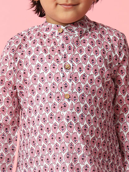 Boys Straight Style Cotton Fabric Pink And White Color Leaves Printed Kurta And Pyjama