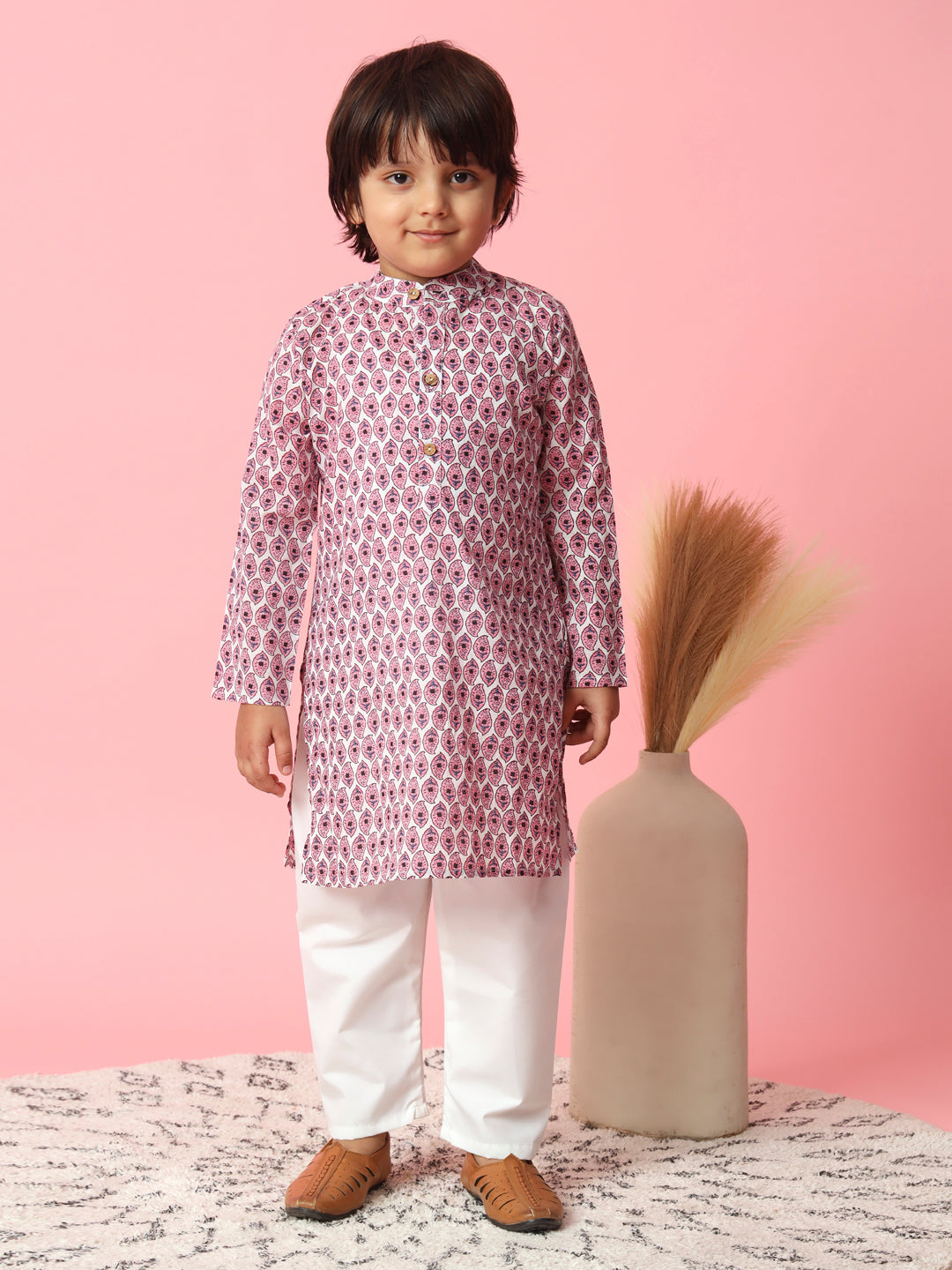 Boys Straight Style Cotton Fabric Pink And White Color Leaves Printed Kurta And Pyjama