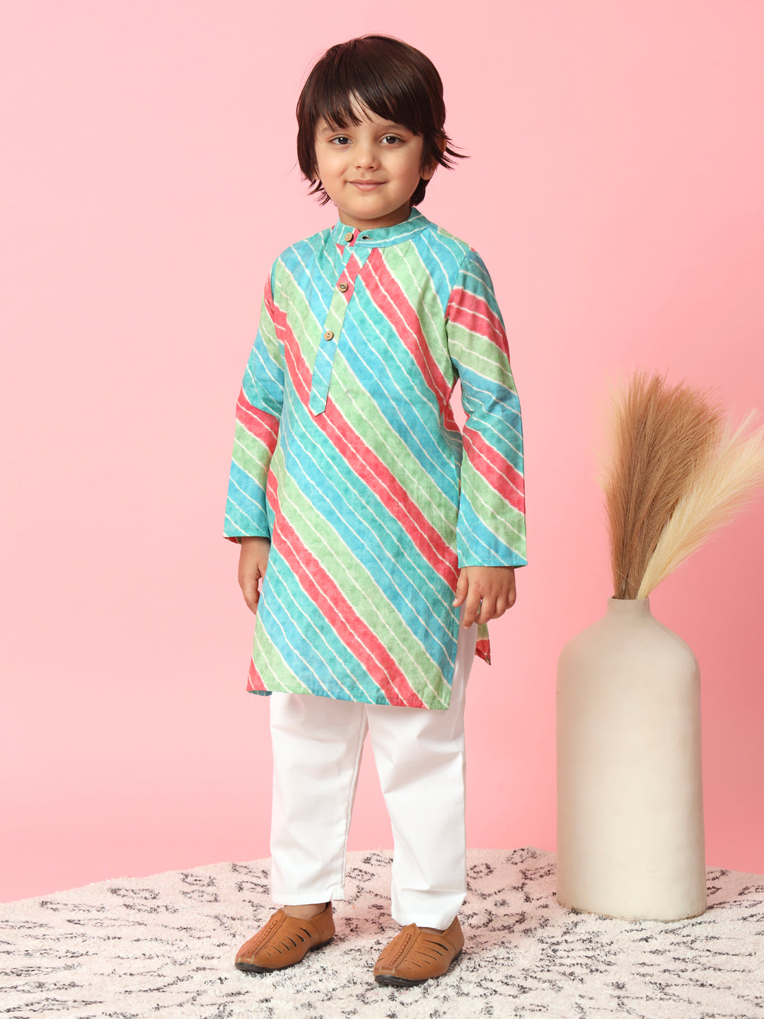 Boys Straight Style Silk Fabric Green Color Leheriya Kurta And White Pyjama