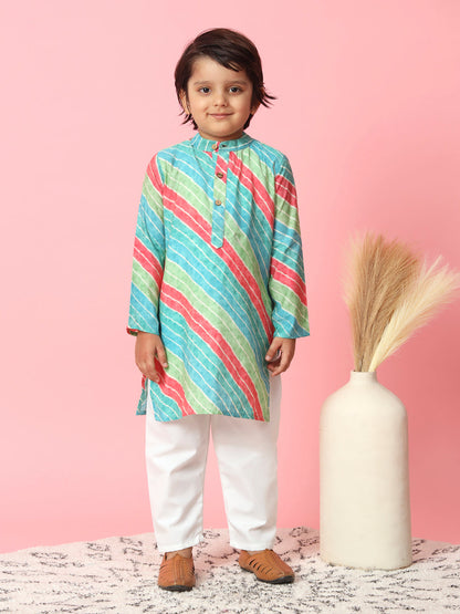 Boys Straight Style Silk Fabric Green Color Leheriya Kurta And White Pyjama