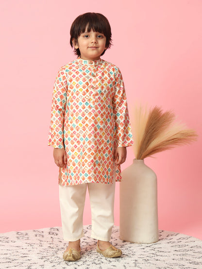 Boys Straight Style Silk Fabric Orange Color Floral Printed Kurta And Cream Pyjama