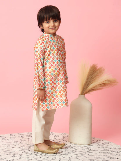 Boys Straight Style Silk Fabric Orange Color Floral Printed Kurta And Cream Pyjama