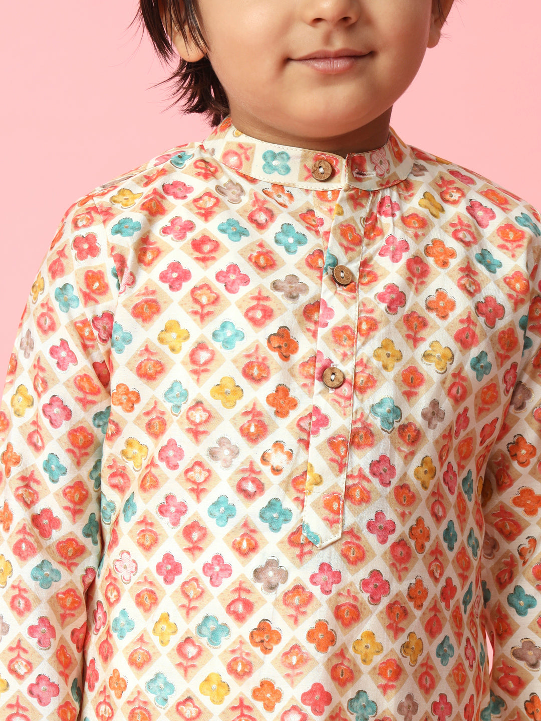 Boys Straight Style Silk Fabric Orange Color Floral Printed Kurta And Cream Pyjama