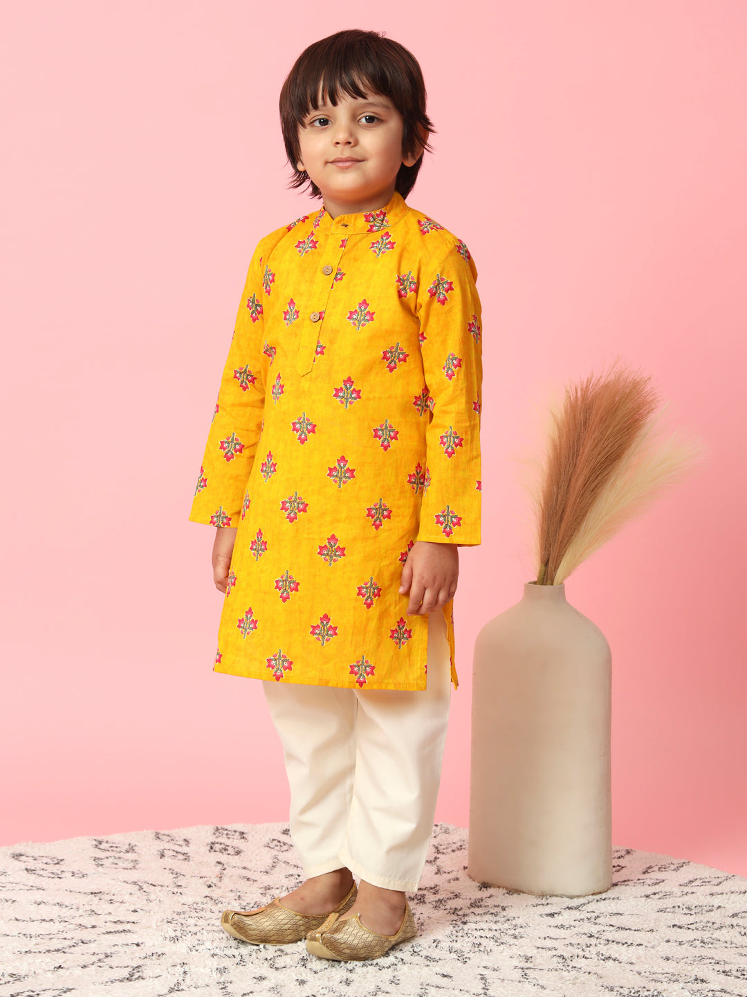 Boys Straight Style Cotton Fabric Orange And Cream Color Floral Printed Kurta And Pyjama