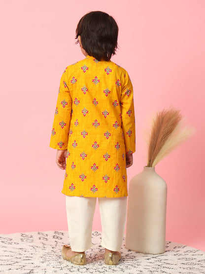 Boys Straight Style Cotton Fabric Orange And Cream Color Floral Printed Kurta And Pyjama