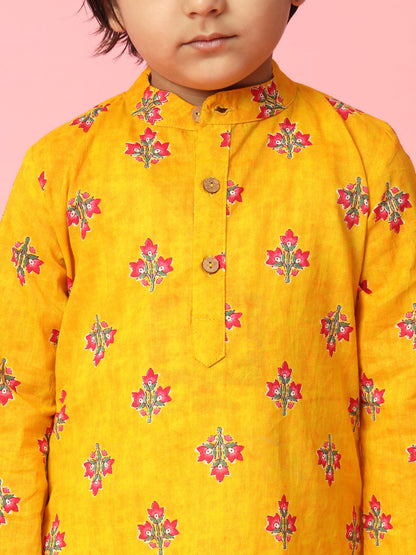 Boys Straight Style Cotton Fabric Orange And Cream Color Floral Printed Kurta And Pyjama