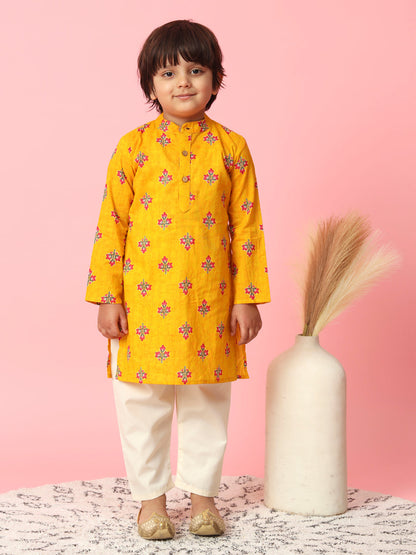 Boys Straight Style Cotton Fabric Orange And Cream Color Floral Printed Kurta And Pyjama