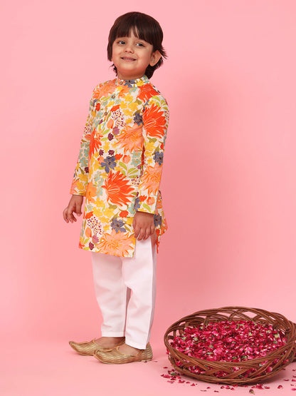 Boys Straight Style Cotton Fabric Yellow Color Printed Kurta And White Pyjama