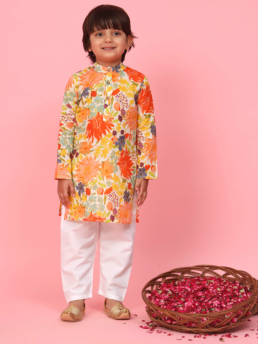 Boys Straight Style Cotton Fabric Yellow Color Printed Kurta And White Pyjama