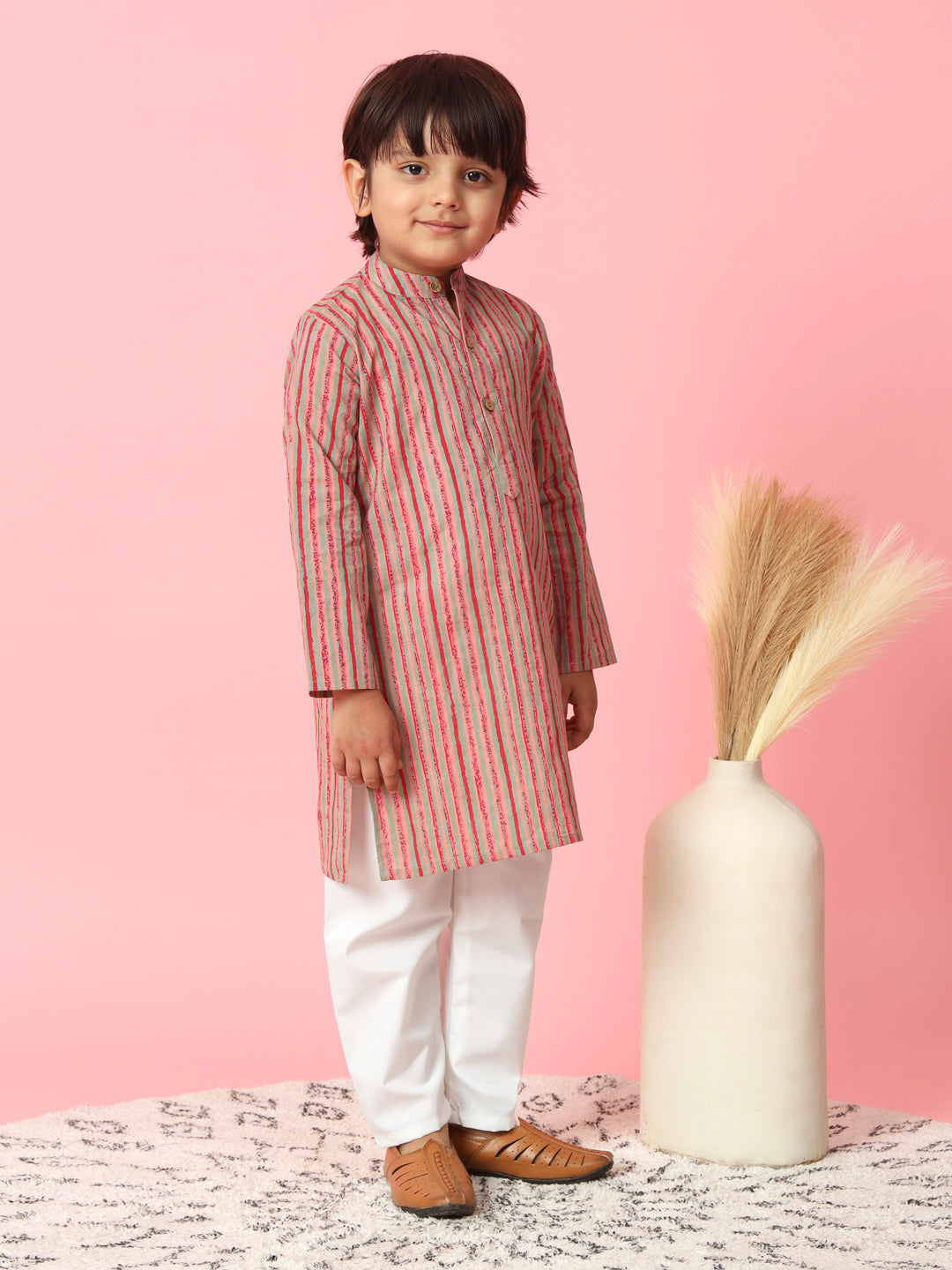 Boys Straight Style Cotton Fabric Red Color Floral Printed Kurta And White Color Pyjama