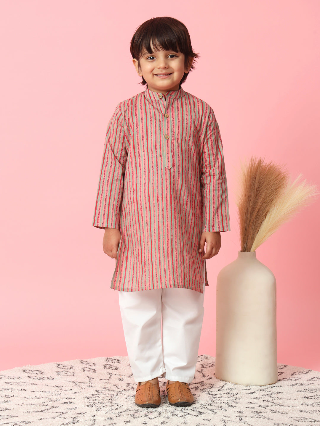 Boys Straight Style Cotton Fabric Red Color Floral Printed Kurta And White Color Pyjama