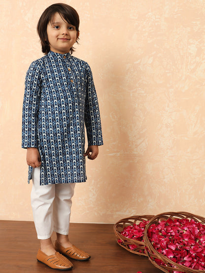 Boys Straight Style Cotton Fabric Blue Color Block Printed Kurta With Pyjama