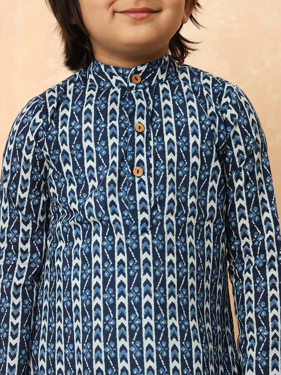 Boys Straight Style Cotton Fabric Blue Color Block Printed Kurta With Pyjama