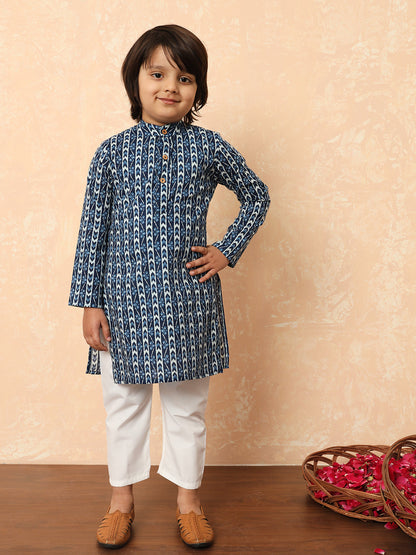 Boys Straight Style Cotton Fabric Blue Color Block Printed Kurta With Pyjama